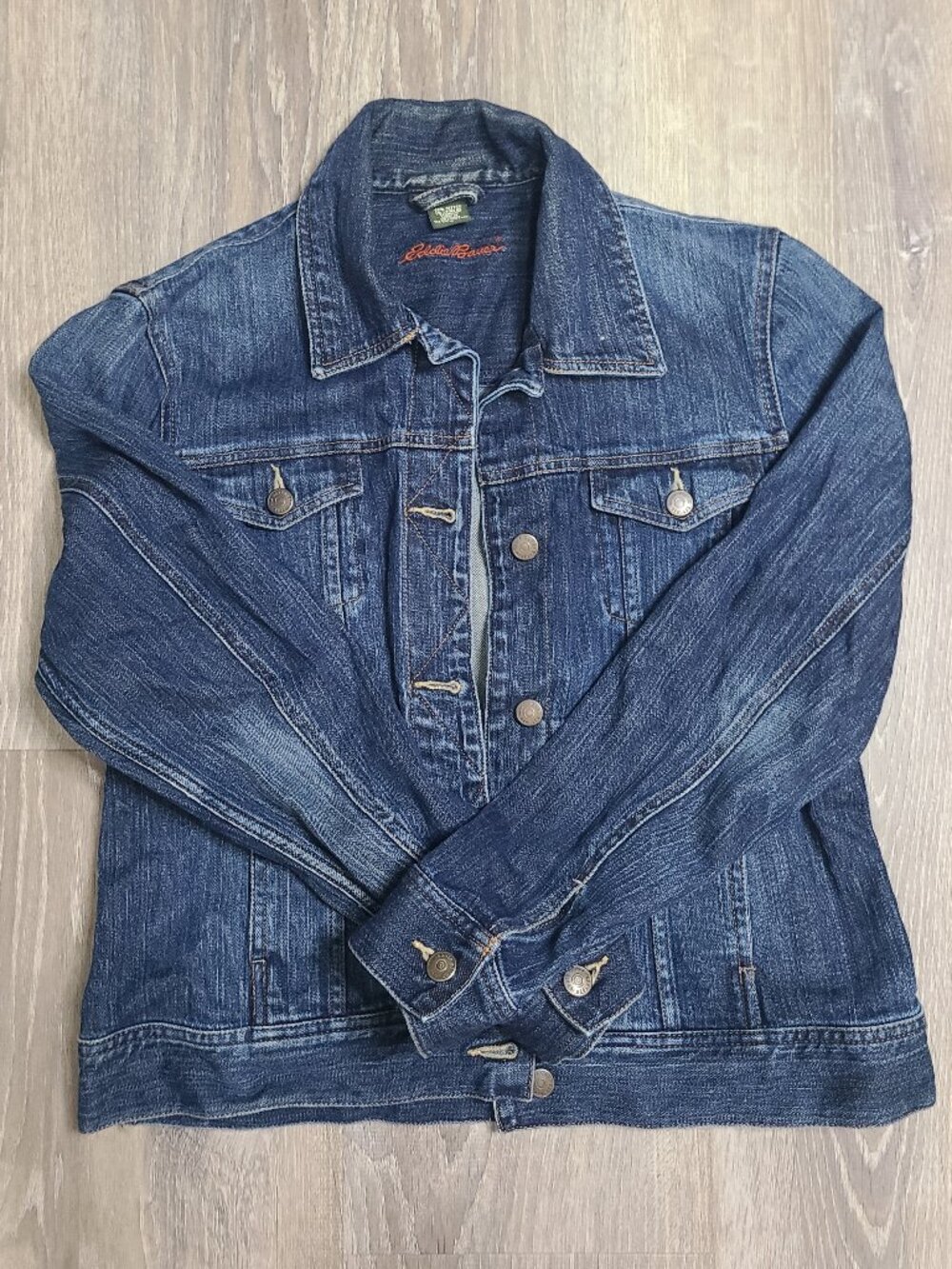 Eddie Bauer Classic Denim Trucker Jacket Medium Dark Wash Women Size Large